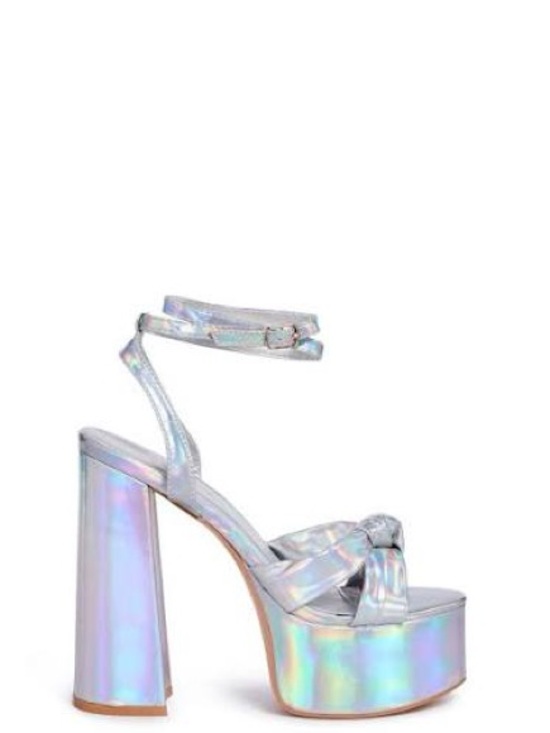 Public Desire Shoes - Public Desire Exclusive Leo Platform Ankle-Strap Heels - Holographic Silver